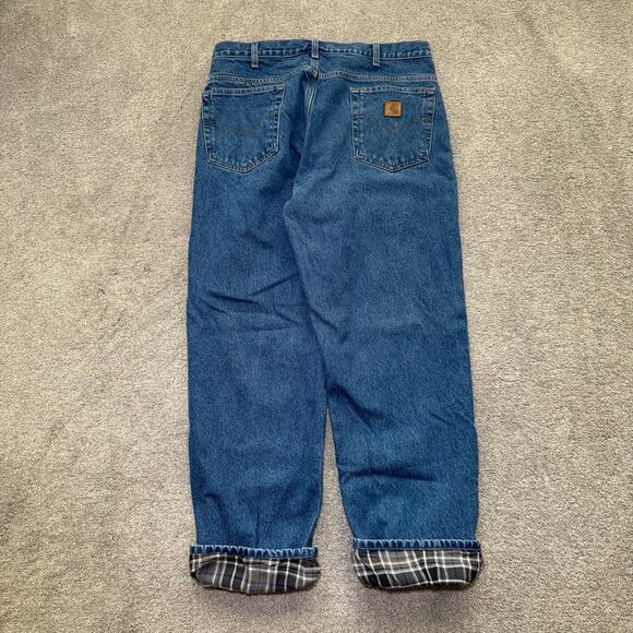 Carhartt Jeans Mens 36x32 Blue Flannel Lined Relaxed Fit Denim B172 DST - Picture 1 of 7